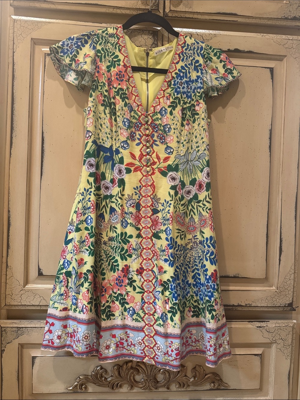 Alice + Olivia Yellow Floral Mini Dress with Multicolor Botanical Print